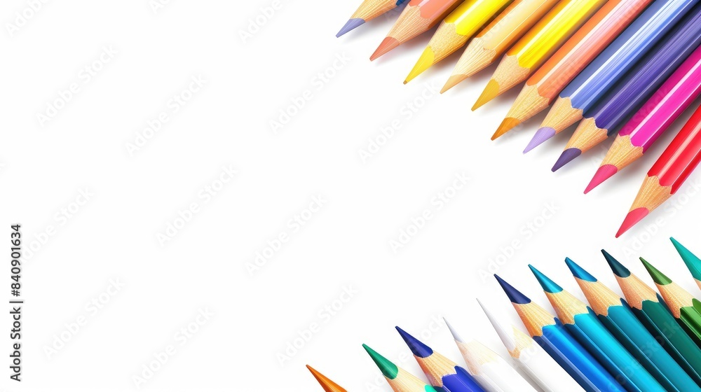Poster colored pencils set on a plain white background with space for text