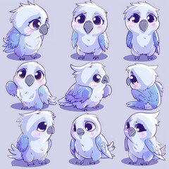 A set of cartoon birds with different expressions