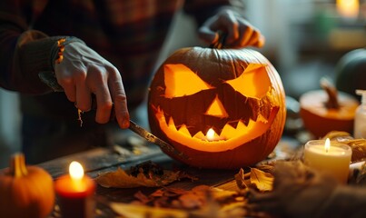 Hands carving a pumpkin, decorating for halloween, jack o lantern, close up of a man's hands carving a pumpkin for halloween, autumn, fall, decoration, candles, Generative AI