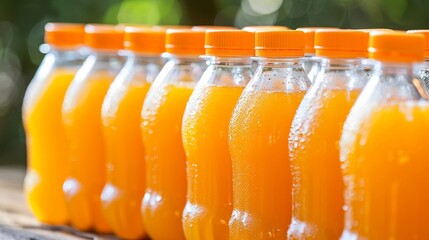 Efficient orange juice bottling line in clean factory highlights freshness and sweetness
