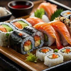 A vibrant plate of sushi, featuring a variety of nigiri and maki rolls with fresh fish, avocado, and vegetables. The sushi is garnished with pickled ginger and served with soy sauce and wasabi.