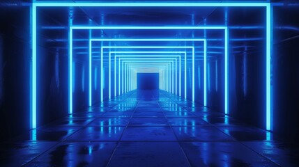 Abstract background with blue neon lines glowing in darkness. Empty virtual space reflected in the floor