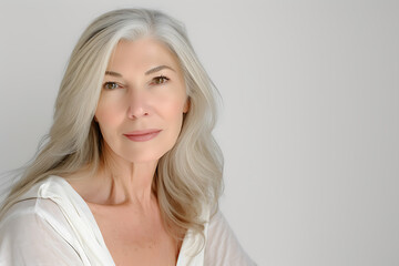 portrait of adult woman with soft skin on white background