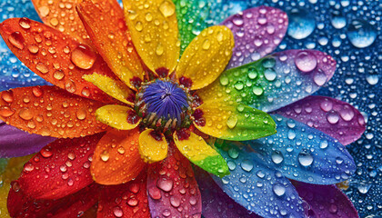 macro close photo of a flower with water drops and petals painted in the colors of the lgbt flag and rainbow, abstract wallpaper background texture for product presentation, queer gay lgbtqia pride 