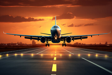 Obraz premium plane landing on airport runway at sunset with city in background