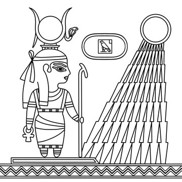 recommend clip art: Hathor a goddess of sky in ancient Egyptian religion.  Coloring page for kids. Learning history, culture, mythology with fun. Black and white vector illustration..