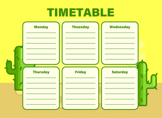 School timetable with cacti. Week plan with desert background. Schedule for children. Sandy plain, thorny plants. Gaming retro style. Dune, wasteland. Template. Green trunks. Vector illustration