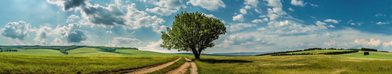 A tree stands in a field with a clear blue sky above it