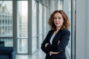 Fototapeta premium Business portrait of a successful middle-aged businesswoman in a suit with crossed arms on office background, copy space for concept