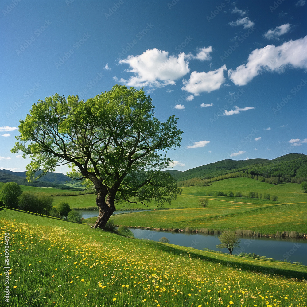 Poster A large tree stands in a field of yellow flowers