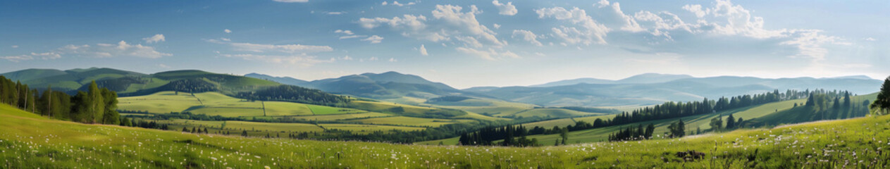 Obraz premium A beautiful landscape with a large green field and mountains in the background