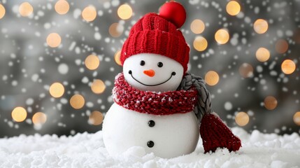 Fototapeta premium Cute snowman in christmas banner with bokeh lights on snowy background for festive holiday