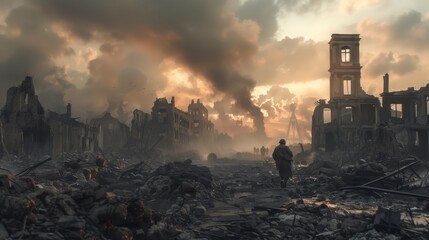 A lone soldier walks through the rubble of a bombed city during World War II