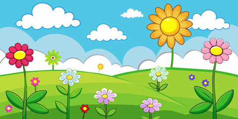 Vibrant Spring Meadow with Blossoming Flowers and Bright Skies