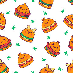 Cute kawaii animal burger. Seamless pattern. Funny food. Cartoon cheeseburger. Hand drawn style. Vector drawing. Design ornaments.