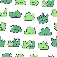 Kawaii cute lawn bush. Seamless pattern. Cartoon plant grass character. Hand drawn style. Vector drawing. Design ornaments.
