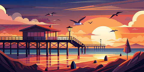 Tranquil Beach Sunset with Pier and Seagulls Silhouettes