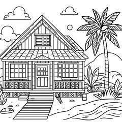 Tropical Beach House Coloring Page