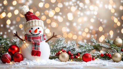 Obraz premium Festive snowman banner with snowy landscape and twinkling bokeh lights for christmas promotions