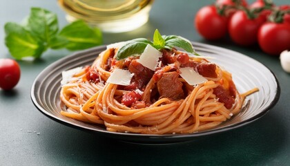Spaghetti alla Amatriciana with pancetta bacon, tomatoes and pecorino cheese
