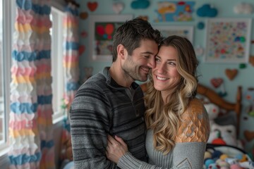 Fototapeta premium Happy couple embracing in a colorful children's room