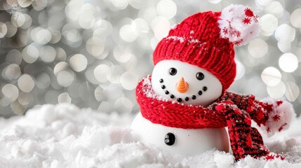 Obraz premium Delightful winter holiday banner snowman in cute hat and scarf on snowy scene with twinkling lights