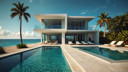 Fototapeta premium Une maison moderne de. luxe élégante avec piscine et jardin paysager. La piscine est entourée de chaises longues et de plantes en pot. 