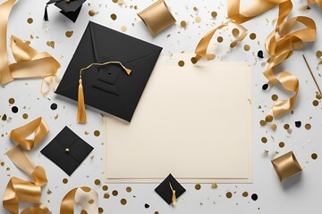 Graduation celebration background, pink and gold decorations, black graduation cap, tassel, blank white paper, confetti, ribbons, festive academic achievement, education success, commencement party