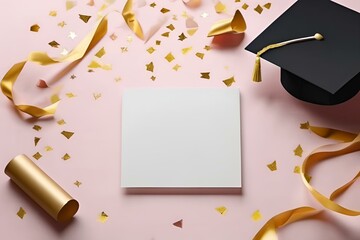 Graduation celebration background, pink and gold decorations, black graduation cap, tassel, blank white paper, confetti, ribbons, festive academic achievement, education success, commencement party