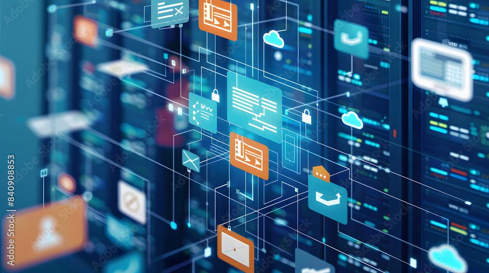 Poster the latest document management technologies in action, featuring smart devices, cloud-based collabor