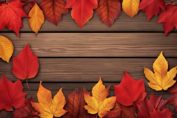 Obraz premium Autumn leaves on wooden background, vibrant red and orange foliage, fall season decor, natural wood texture, seasonal design, colorful leaf arrangement, nature-inspired backdrop, cozy autumn
