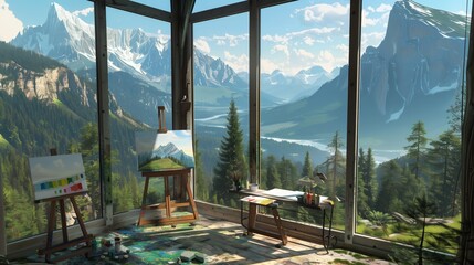 A mountain cabin, fully equipped for painting, overlooks a majestic landscape through large glass...