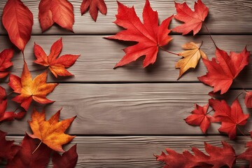 Autumn leaves on rustic wooden background, vibrant red and yellow foliage, fall season decor, natural wooden texture, seasonal design, colorful leaf arrangement, nature-inspired backdrop, cozy autumn 