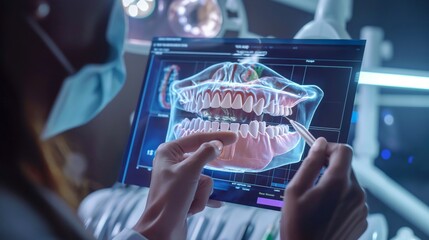 Advanced dental scan technology displaying detailed teeth structure on screen in a modern dentist office