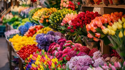 A vibrant flower market showcases vivid colors, exotic blooms, and fragrant aromas, delighting and inspiring visitors.