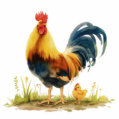 Fototapeta premium Watercolor bright illustration of rooster on white background