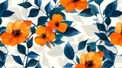 Art floral vector seamless pattern. Orange flowers isolated on white background. Deep blue and...