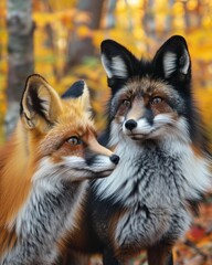 Two majestic foxes, one with a red fur coat and the other with a mixed black and grey coat, in a vibrant autumn forest setting