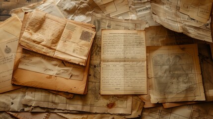 A pile of old, aged military certificates and letters on a wooden surface