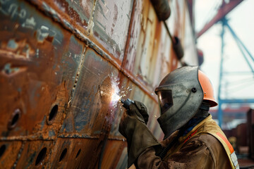 Obraz premium An experienced welder in a protective jacket, helmet and gloves working at shipyard, ship repair and maintenance. Welder, engineer, industry.