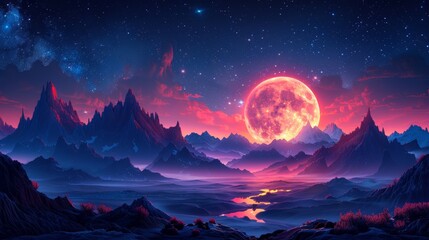 panorama of the night sky with stars, landscape with mountains and moon phases, full moon and month 