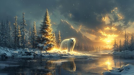 Christmas polar bear in winter landscape with polar bear Santa. Magical Christmas scene with polar bear. - Powered by Adobe