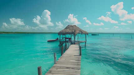 Fototapeta premium Perfect view of caribbean lagoon Bacalar. Seven Color water. Pier and Hut. 