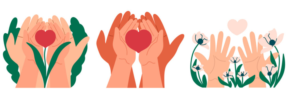 Charity concept set. Collection with hands, hearts, flowers on isolated background.