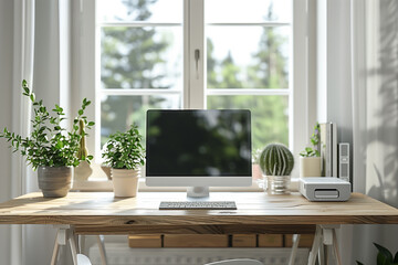 A chic and minimalist home office setup with a wooden desk, featuring an iMac flanked by lush potted plants, a white keyboard and mouse - Powered by Adobe