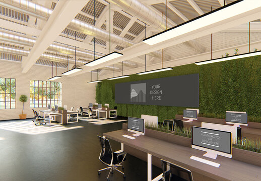 Modern Industrial Open Space Office With 8 Screens and Wall Mockup