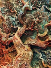 This AI generated image showcases a detailed abstract tree with flowing branches and multicolored leaves. The intricate patterns and vibrant hues create a captivating visual effect.