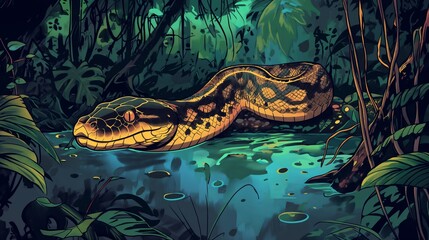 Obraz premium A snake dwells in a glowing, mysterious jungle pool surrounded by dense, lush vegetation.