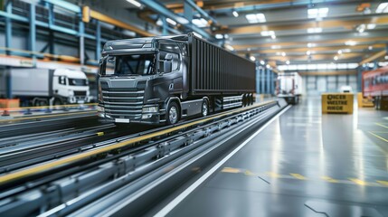 A truck is seen moving along a conveyor belt inside a factory. The automated process helps transport the vehicle through different production stages efficiently