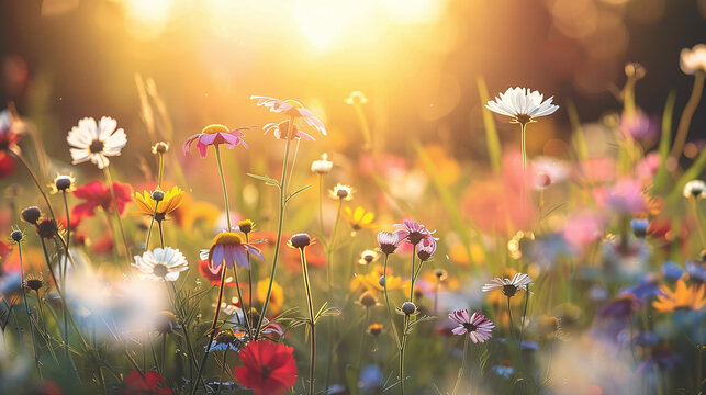 natural meadow with wild flowers at a forest clearing at sunset